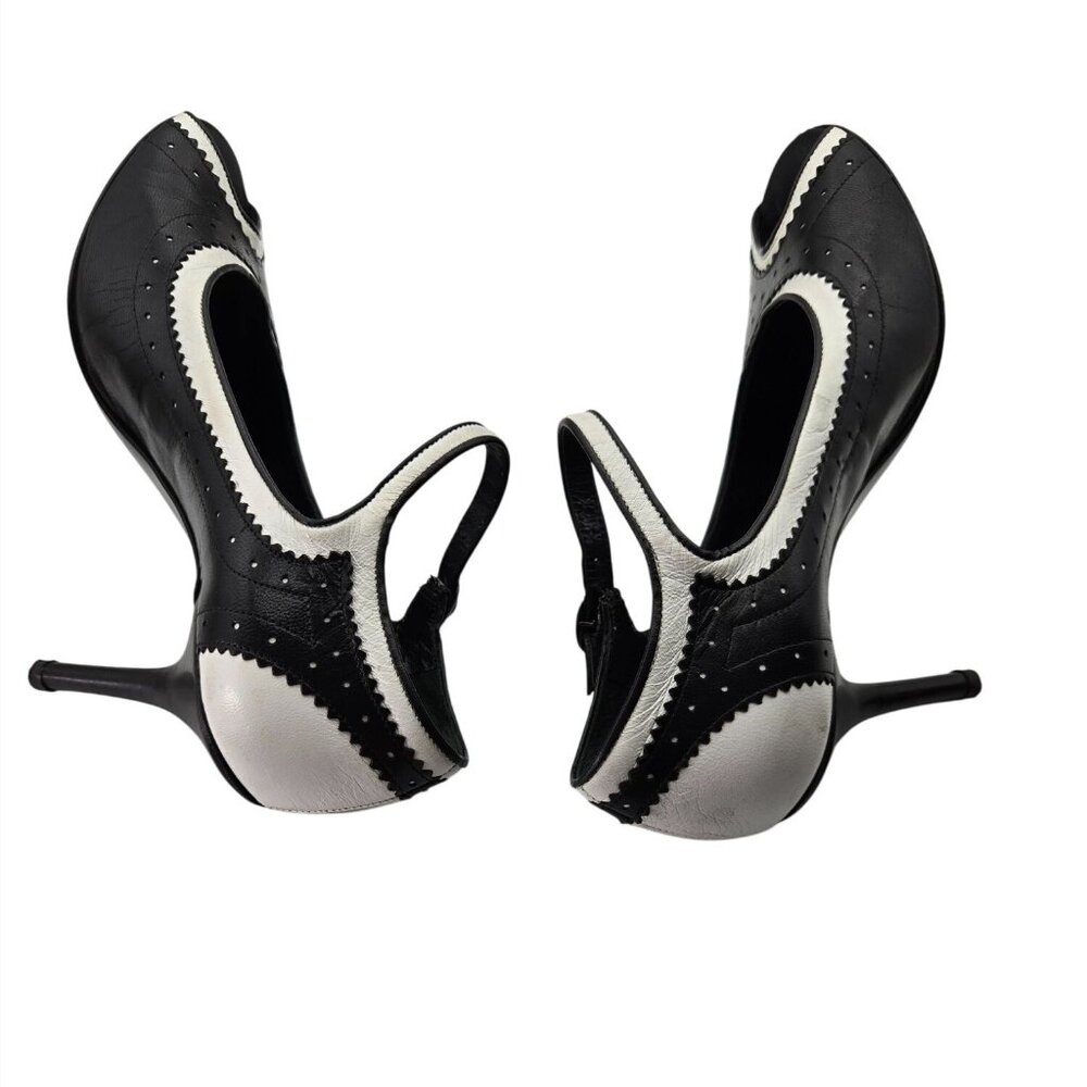 VTG Via Spiga 7.5 Black White Leather Peep-Toe Mary Jane Oxford Heels Lady*Read - Picture 3 of 15